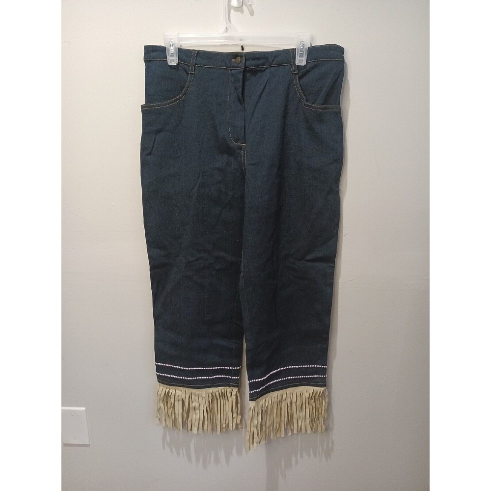 Taiga Dark Blue Denim Capri Faux Pearls Suede Fringe & Inside Band Women Size 12